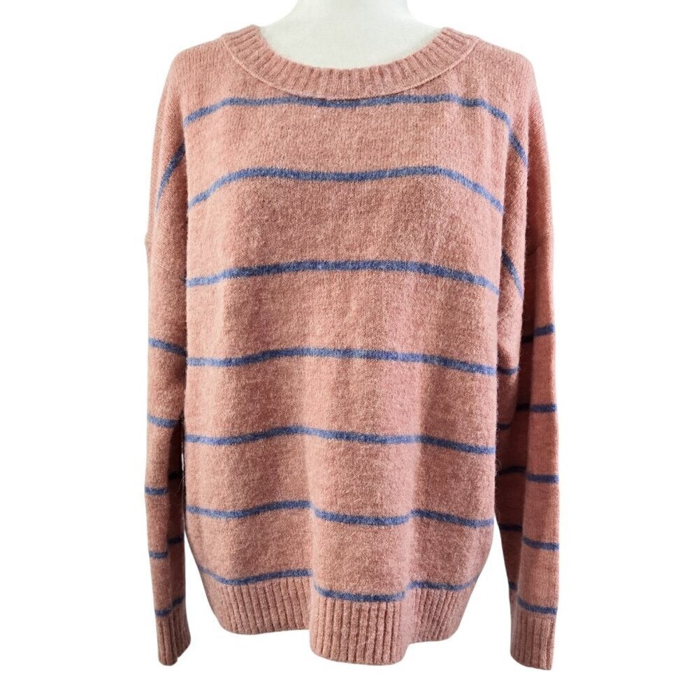 J. Crew Alpaca Merino Wool Salmon Pink Striped Fuzzy Oversized Sweater AK162